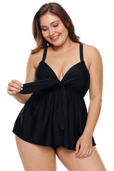 Black Spaghetti Strap Plus Size Swimdress with Panty